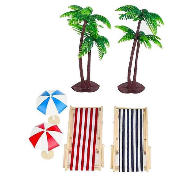 1/12 Dollhouse Accessories Miniature Beach Set Decoration Beach Micro Landscape with Beach Chairs Parasol Palm Tree