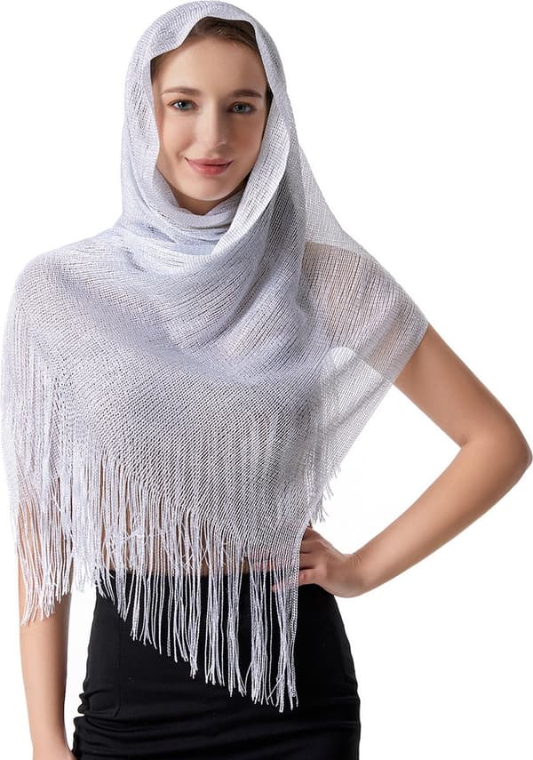 Women's Scarf Shawl with Fringes, White, 175x45cm, for Spring Summer Beach & Evening Party