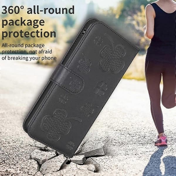 For Samsung Galaxy A56 Case Clover Pattern Wallet Stand View Leather Phone Cover - Black