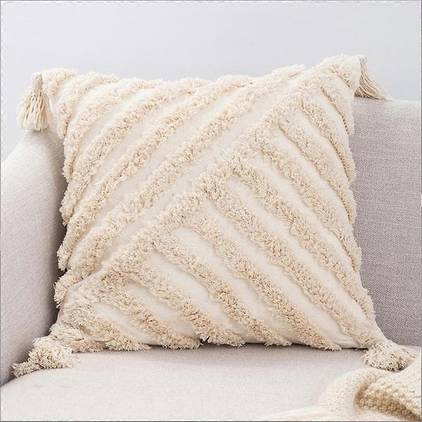 Off-white Boho Decorative Throw Pillows, Pillowcase with Tassel Classic Line Pattern