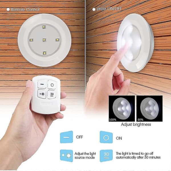 Wireless LED Puck Lights with Remote Control, Battery Operated Lights for Night Light Under Cabinet Lighting, Dimmable Wardrobe Light, Touch Light, Self-Adhesive