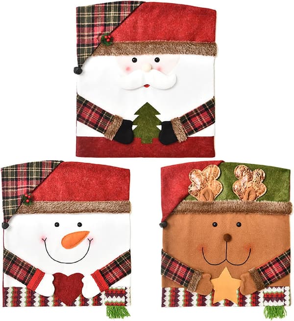 3 st julstolsryggar för matsal, tomte snögubbe