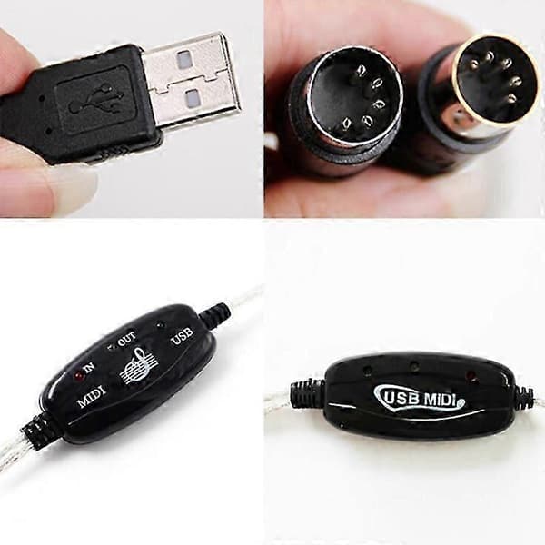 USB to MIDI 5-Pin Cable Converter 2 in 1 for PC Audio Output Editing for Piano Electronic Musical Instruments Black svart