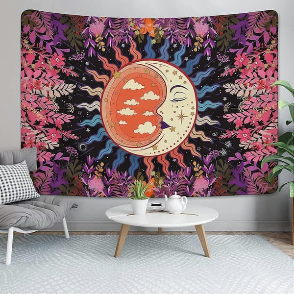 Seinävaate 150x130cm Kuutarha Gobeliini Kasvit Kukat Gobeliinit Kuu ja Tähdet Gobeliini Värikäs Mystinen Gobeliini Mandala Gobeliini Seinävaate