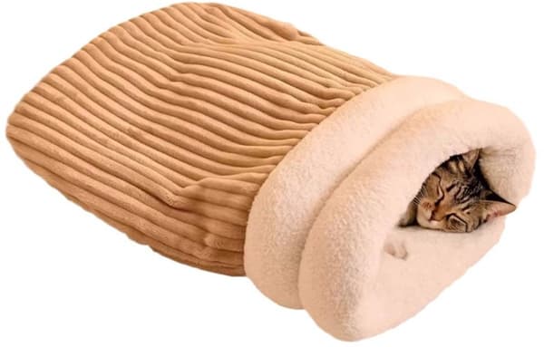 Katteseng - Hulekattekurv - Vintersovepose til kæledyr - Blød plys katteseng - Velegnet til indendørskatte, killinger og hunde (Beige, L-54*45cm)