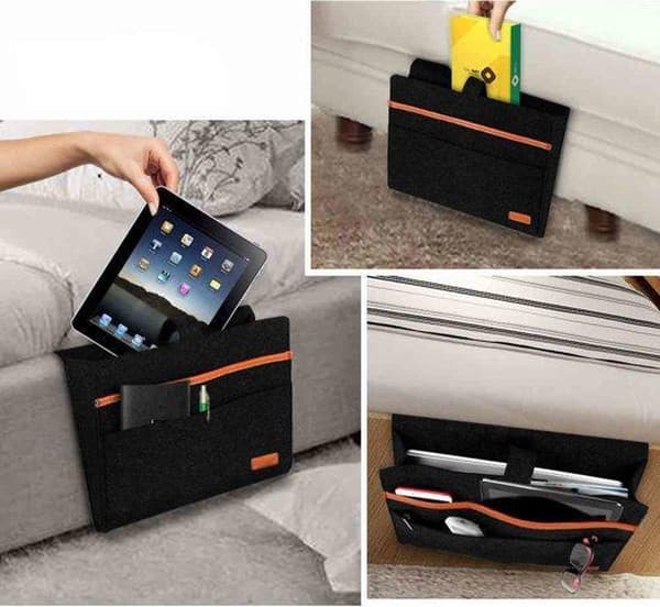 Bedside Caddy Storage Bag Bed and Sofa Organizer - Reading Compartment and Magazine Holder with Extra Storage Pockets - Black