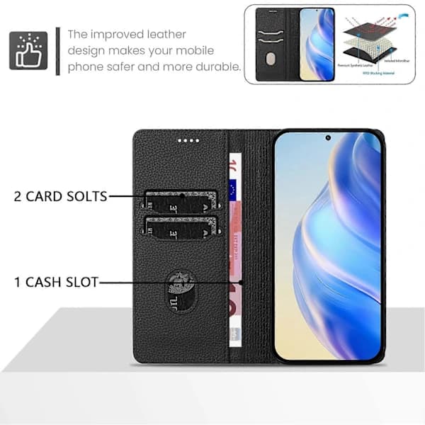 Wallet Case for Xiaomi Poco X7 Pro 5G RFID Blocking Litchi Texture Leather Phone Cover Black