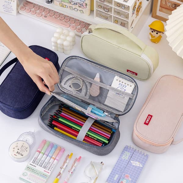 Simple Portable Double Layer Large Capacity Pencil Case Oxford Pink