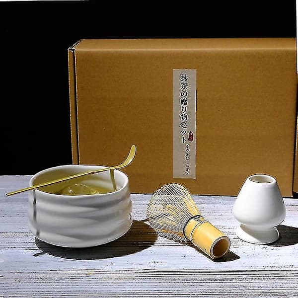 4-delars Traditionellt Matcha Presentkit Bambu Keramik Matcha-skål med visp