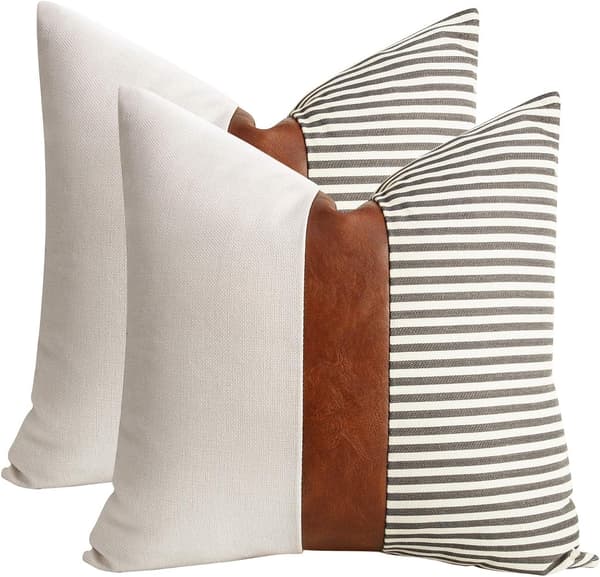 Sæt med 2 pudebetræk i landlig stil med striber og patchwork i hør, moderne brune kunstlæderpudebetræk 18x18 tommer, grå
