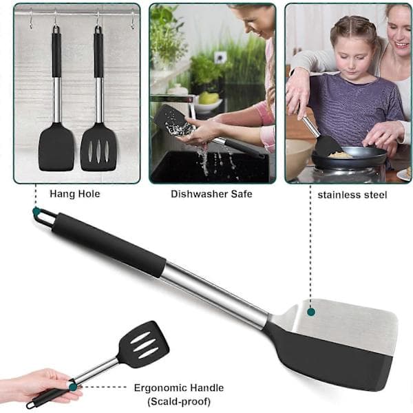 Silicone Spatula, 2-pack, Spatula/Non-stick Kitchen Spatula Ideal for Fish, Eggs, Pancakes, Heat Resistant and Dishwasher Safe, Black