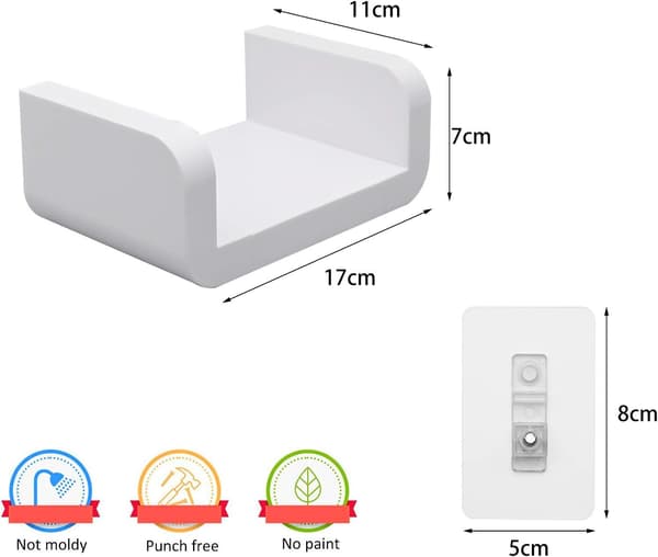 White Wall Mounted Bathroom Shelves, No Drilling Adhesive Wall Storage Rack, Waterproof Suction Cup Floating U-Shaped Wall Shelves Accessories (Slim)