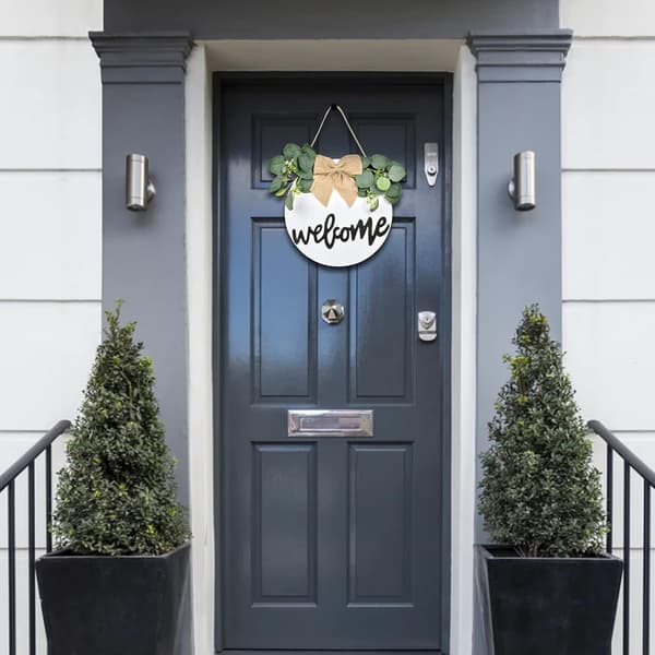 (White) Welcome Sign Front Door, Round Wooden Welcome Plaque Hanging