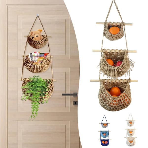 3-Layer Wall Hanging Fruit Basket Stylish Detachable Mesh Storage Bag for Kitchen White White