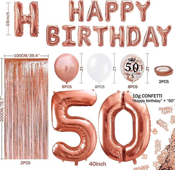 50-års gullrosa bursdagsdekorasjon, gratulerer med dagen-banner, han