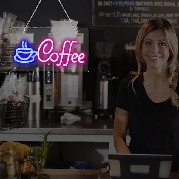 Kaffe Neonskylt Ljusstark LED Neonskylt USB-driven Caféskylt Väggdekor För Kaffebarer Butiker Restaurangdekor, BY Blå-Rosa