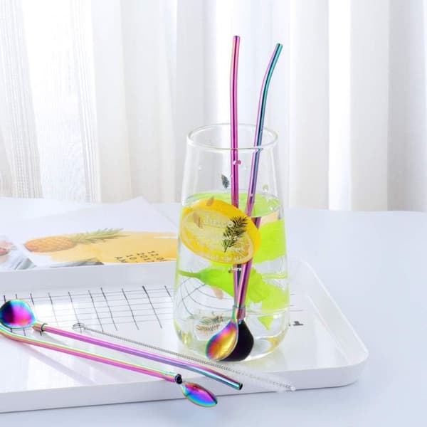 Drinking Straws, Spoons, Stainless Steel Drinking Straws with Spoons