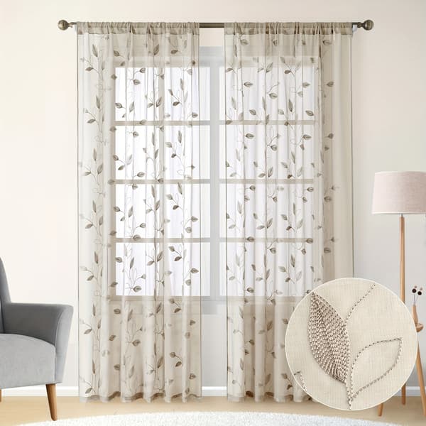 2-pakning halvtransparente polyestergardiner med brodert bladmønster og stanglomme 88x160cm Grå