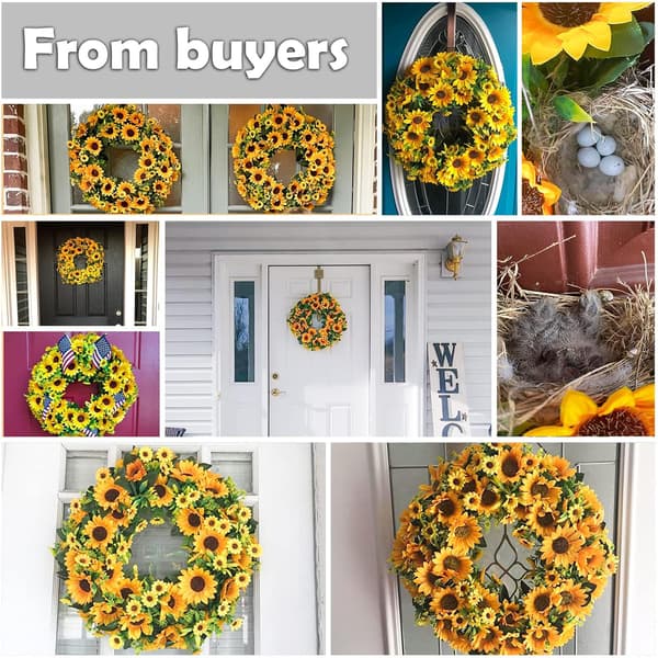 Kunstig solsikkekrans 45 cm sommer efterår store kranse forår rund blomst grønne blade