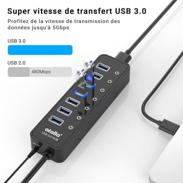 Atolla USB 3.0-hub - 7 porte - Ekstern strømforsyning 5V/4A - Uafhængige kontakter - Sort