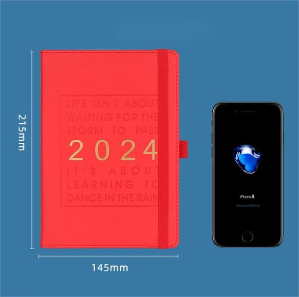 2024 ukeplanlegger og månedsplanlegger, januar til desember, 14,5*21,5 cm, 316 sider (rød)