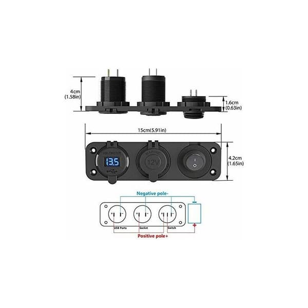 12V - 24V Dual QC3.0 Cigarette Lighter Splitter with LED Display, Voltmeter, USB Plug, Waterproof Switch - for Car, Boat, Motorcycle, Truck.