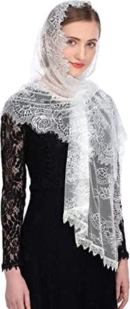 (vit) Katolsk kapellslør spansk blomstret blonde mantilla slør sjal messehodeplagg rektangulær form