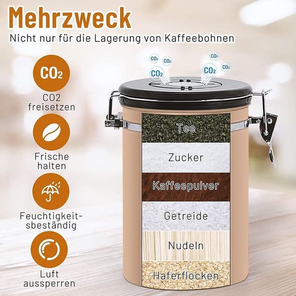 Kaffebeholder, kaffeboks, aromalukket, 500 g bønner, kaffeboks, lufttett, rustfritt stål