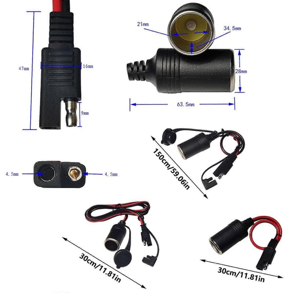 Quick Connect SAE to Cigarette Lighter Adapter Cable for Various Power Solutions, Short Circuit Protection Adapter Dust Cover 0.3m Dust cover 0.3m