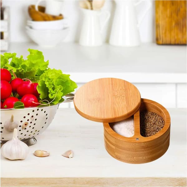 Premium Bamboo Salt Cellar, Salt Box with Magnetic Swivel Lid