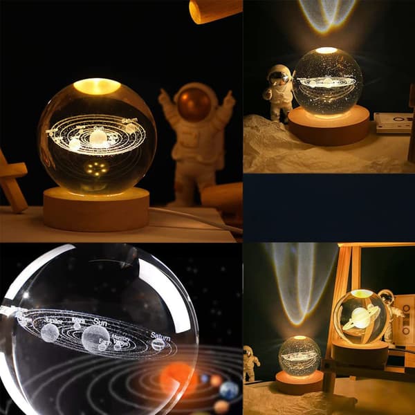 3D Planet Krystallkule Nattlampe, Romgalakse Krystallkule med Trebase, 3D Gravert Solsystem Krystallkule med LED-lysbase