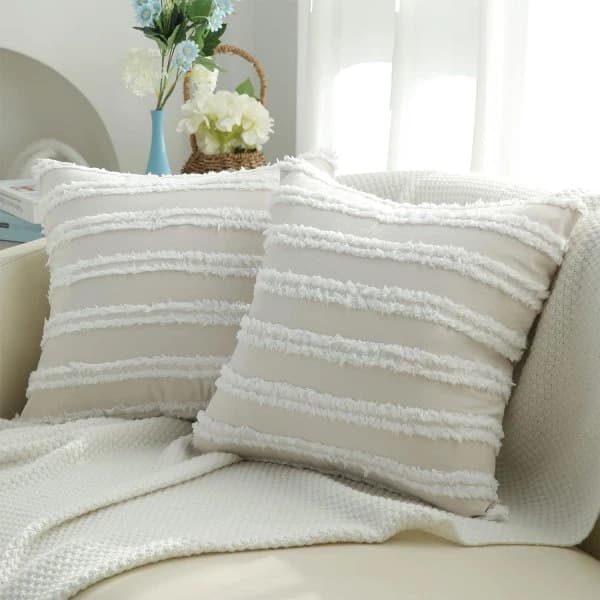 Boho dekorative pudebetræk, neutrale stribede pudebetræk 16x16 sæt med 2, beige bomuldslinned pudebetræk til sofa stue.