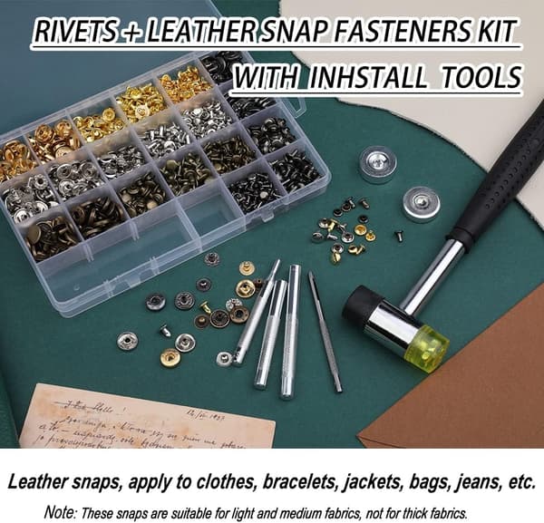 320 st lädernitar kit, 60 st läder tryckknappar, 2 storlekar dubbelhättnitar rörformiga
