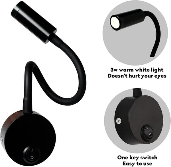 2 Pieces Black Wall Reading Lamps 3W, Flexible Adjustable Neck