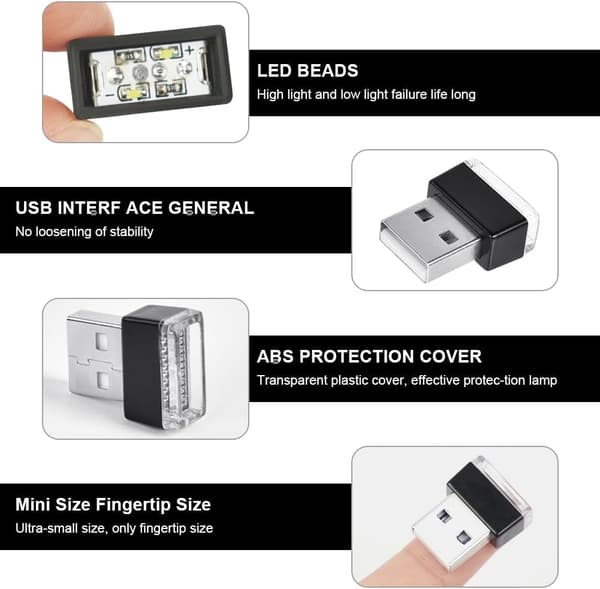 USB-bilbelysning, 5-pak hvide LED-stemningslys til bil