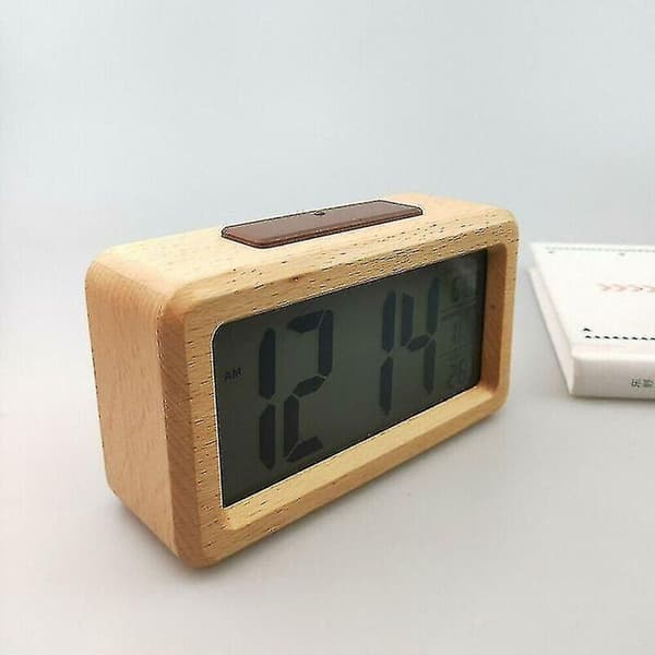 Vanntett vekkerklokke i massivt tre med termometer, kalender og slumrefunksjon