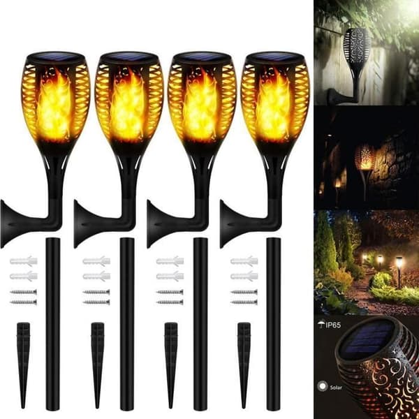 4 stk LED solcellelamper for hage, multifunksjonell flammelampe, vanntett hagedekorasjon