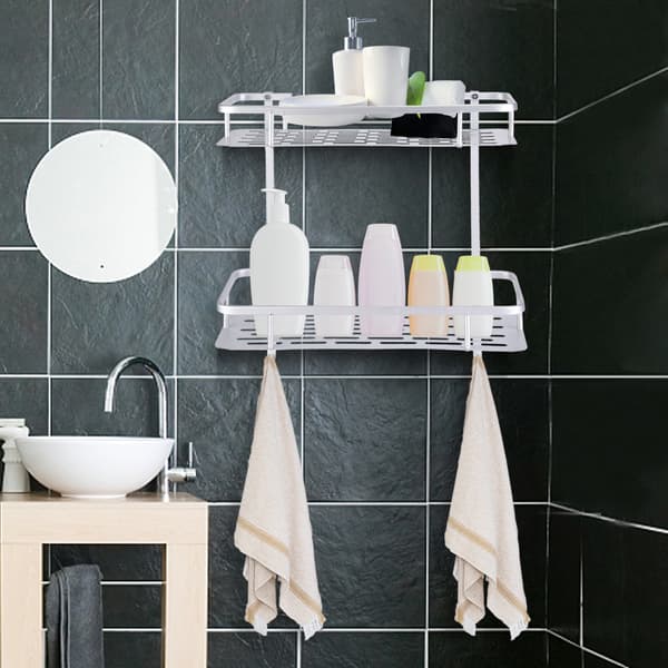 Double Layer Aluminum Wall Mounted Storage Shelf with 2 Hanging Hooks Bathroom
