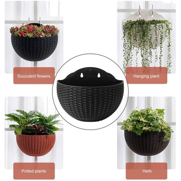 2-pack väggmonterade blomkrukor i rottingimitation för utomhusbruk. Halvcirkel med dräneringshål och krokar.