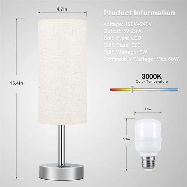 Nattbordslampe Touch Control Skrivebordslamper med USB-C USB-A Ladeport USB-lampe Lampeskjerm Studie EU-plugg