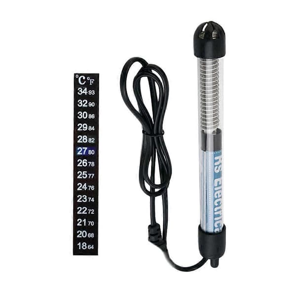 2 stk. nedsænkelig akvarievarmer i rustfrit stål 50W med termometer og patch-termometer (EU-stik)