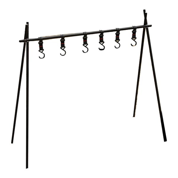 Camping Rack Aluminum Alloy Folding Triangular Shelf Foldable Hanging Organizer Stand for Outdoor Large Size with 6 Hooks Black