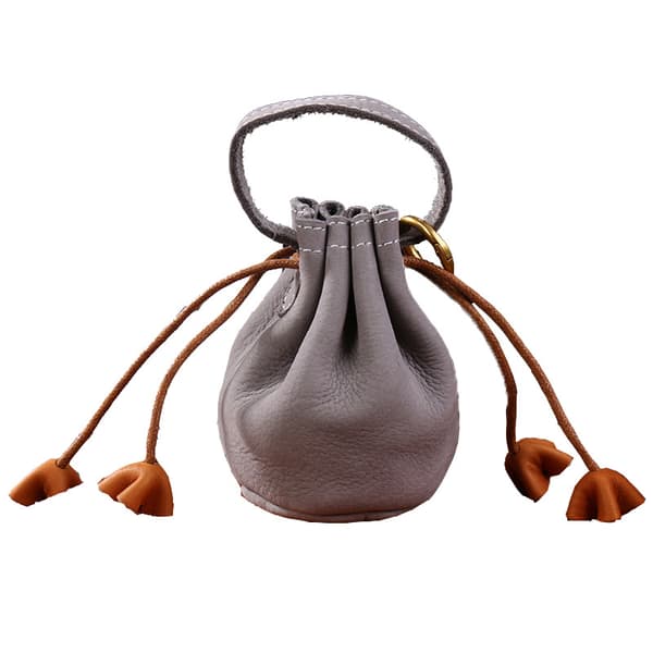 Gray Genuine Leather Mini Drawstring Pouch with Hand Loop for Storing Coins, Earbuds, Small Jewelry, and Daily Essentials