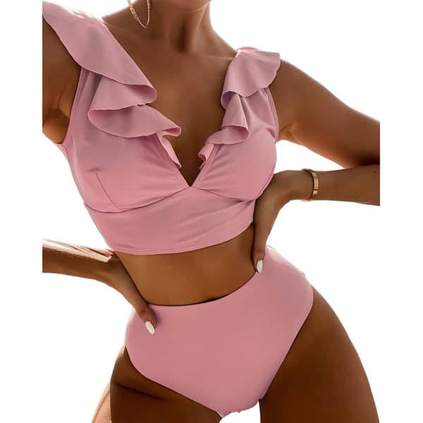 Dam 2-delad Bikini Volang Hög Midja Snörning V-ringning Dubbla Axelband Bikini Baddräkt för Strand Simning Rosa M