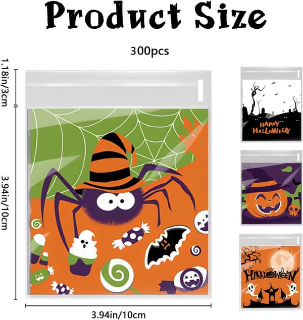 Halloween Godispåsar, 300-pack Självförslutande Polypropylen Godispåsar, 4 Designer för Barns Halloweenfester, 10 x 10 x 3 cm