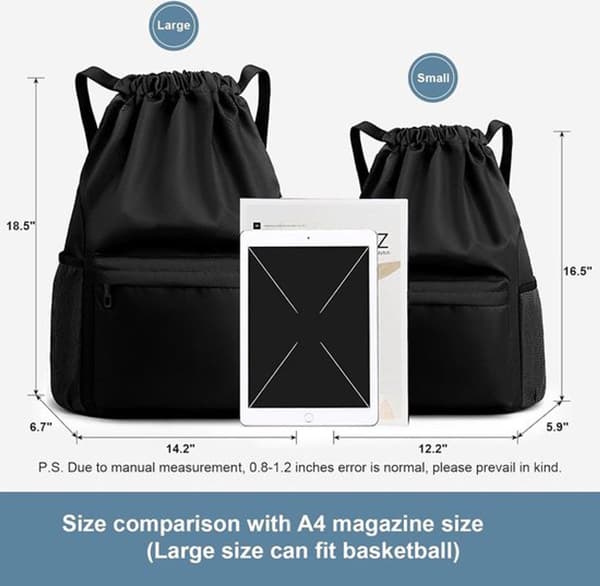 Gym Drawstring Backpack, Water-Resistant Sports Bag with Wet and Dry Compartment and Multiple Pockets, Black 16.5 Inch