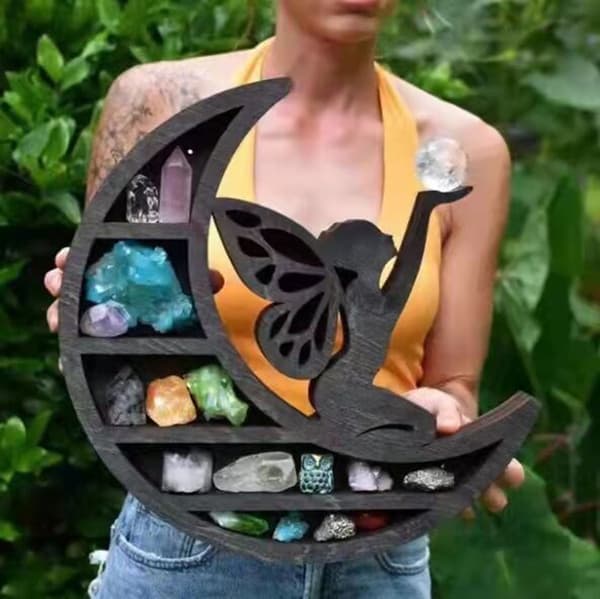 Trekatt Måne Stjerne Krystallhylle Håndverk Kunst Stein Display