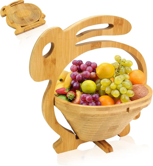 Foldable Fruit Basket Foldable Bamboo Fruit and Vegetable Basket Fruit Bowl Stand Dried Fruit Basket Suitable for Party (Rabbit)