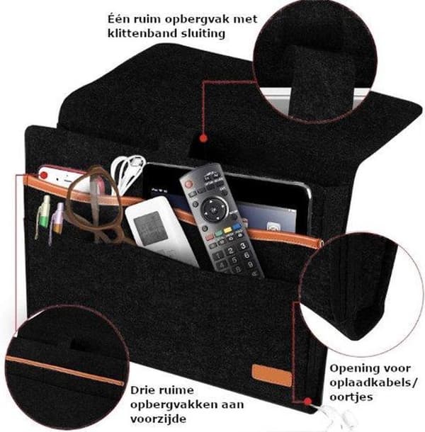 Bedside Caddy Storage Bag Bed and Sofa Organizer - Reading Compartment and Magazine Holder with Extra Storage Pockets - Black