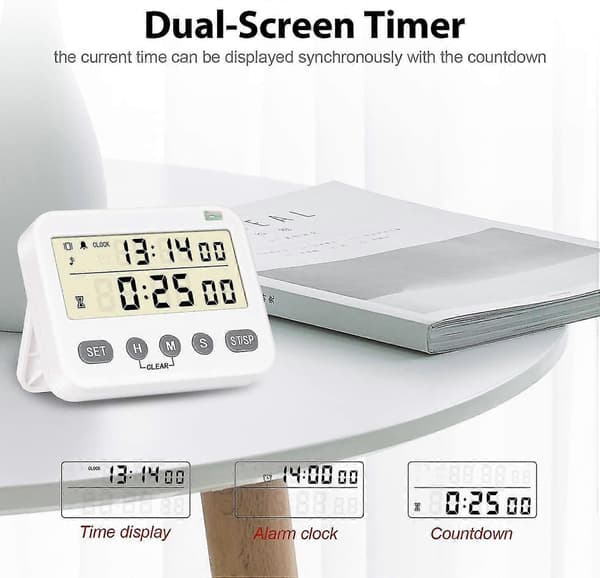 Digital kökstimer, 24-timmarsklocka, daglig väckarklocka, nedräkning/uppräkning köksklocka med stor LCD-display